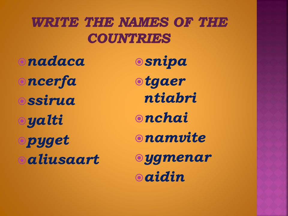 Write the names of the countries