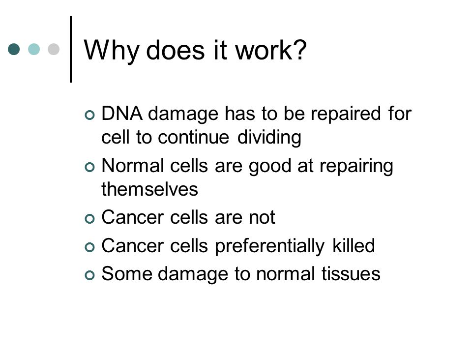 Why does it work DNA damage has to be repaired for cell to continue dividing. Normal cells are good at repairing themselves.