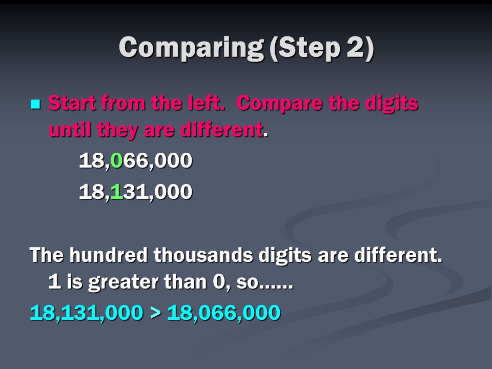 Comparing (Step 2) Start from the left. Compare the digits until they are different. 18,066, ,131,000.