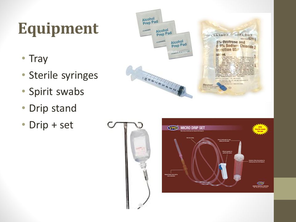 Equipment Tray Sterile syringes Spirit swabs Drip stand Drip + set