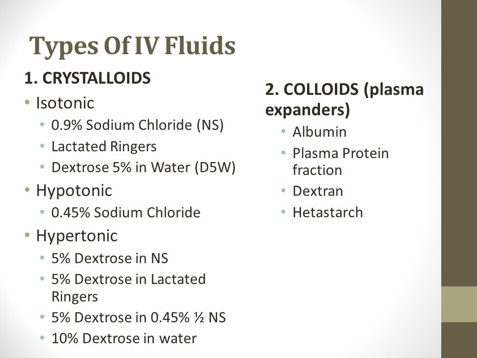 Types Of IV Fluids 1. CRYSTALLOIDS Isotonic