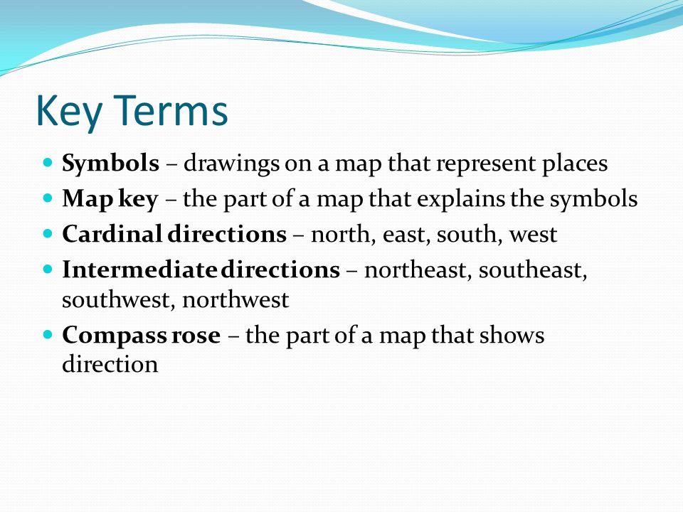 Key Terms Symbols – drawings on a map that represent places