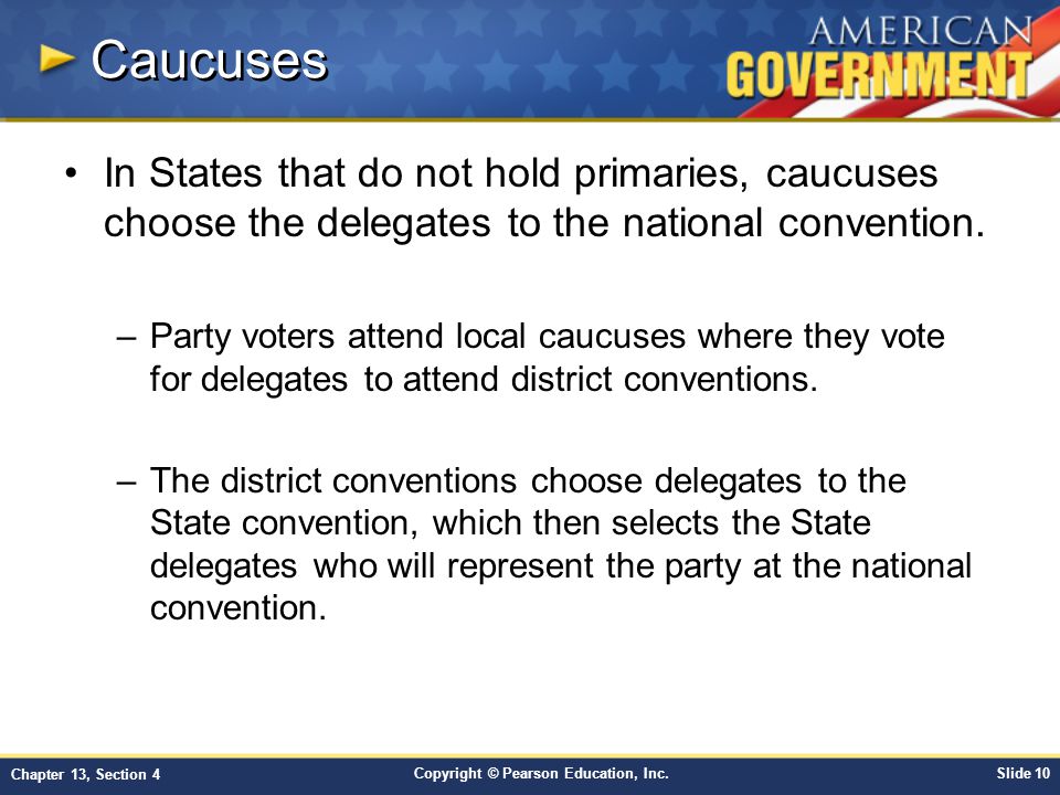 Caucuses In States that do not hold primaries, caucuses choose the delegates to the national convention.