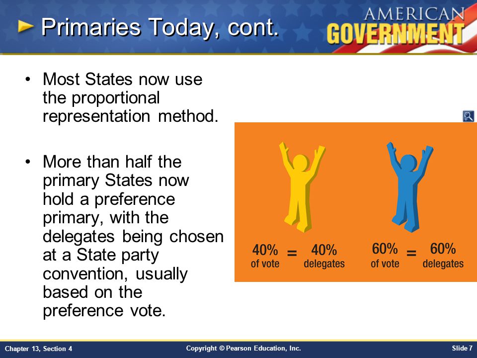 Primaries Today, cont. Most States now use the proportional representation method.