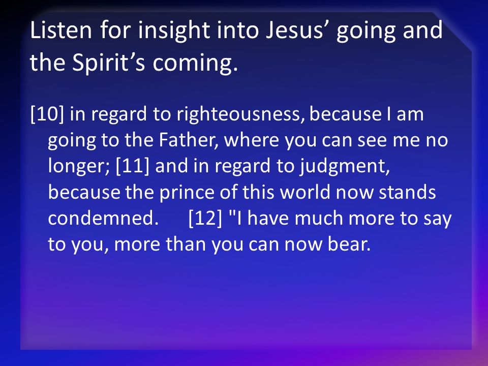 Listen for insight into Jesus’ going and the Spirit’s coming.