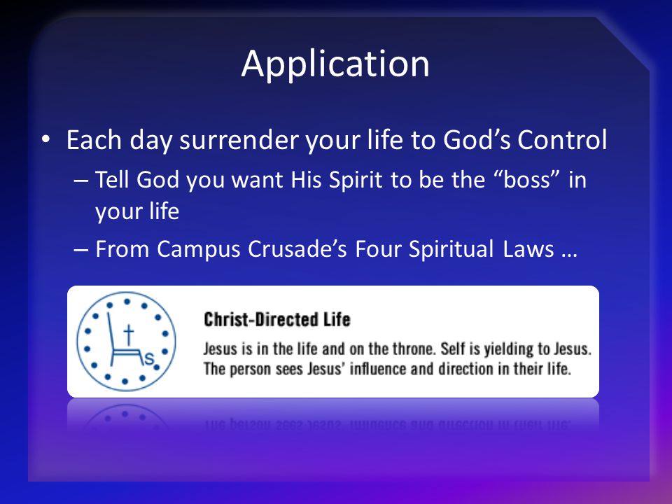 Application Each day surrender your life to God’s Control