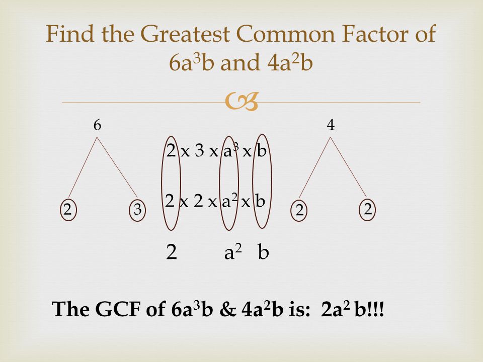 Find the Greatest Common Factor of 6a3b and 4a2b