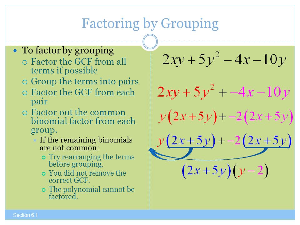 Factoring by Grouping To factor by grouping