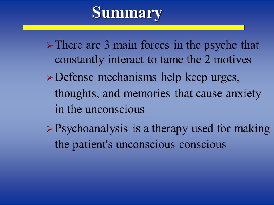 Summary There are 3 main forces in the psyche that constantly interact to tame the 2 motives.
