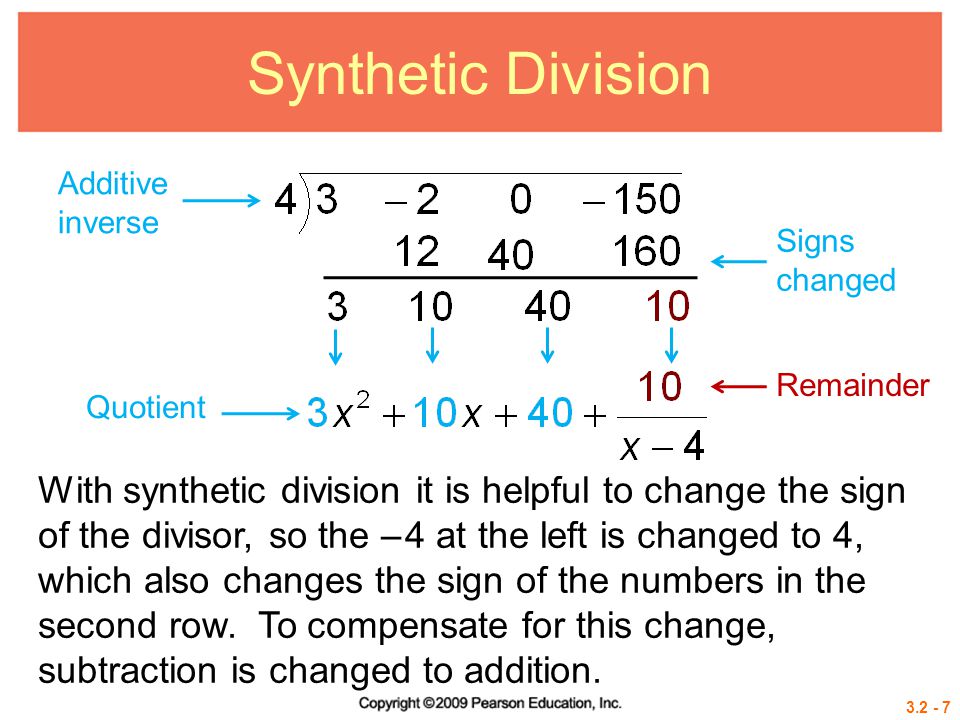 Synthetic Division Additive inverse. Signs changed. Remainder. Quotient.