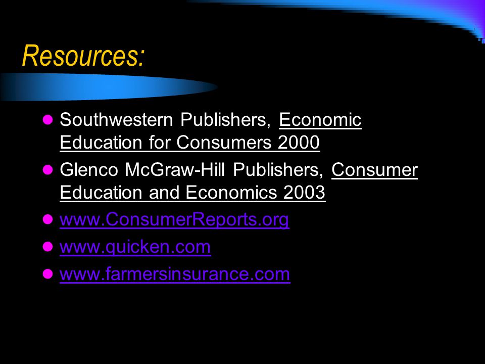 Resources: Southwestern Publishers, Economic Education for Consumers Glenco McGraw-Hill Publishers, Consumer Education and Economics