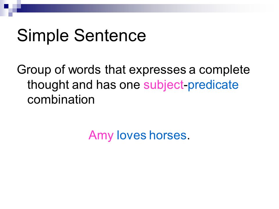 Simple Sentence Group of words that expresses a complete thought and has one subject-predicate combination.