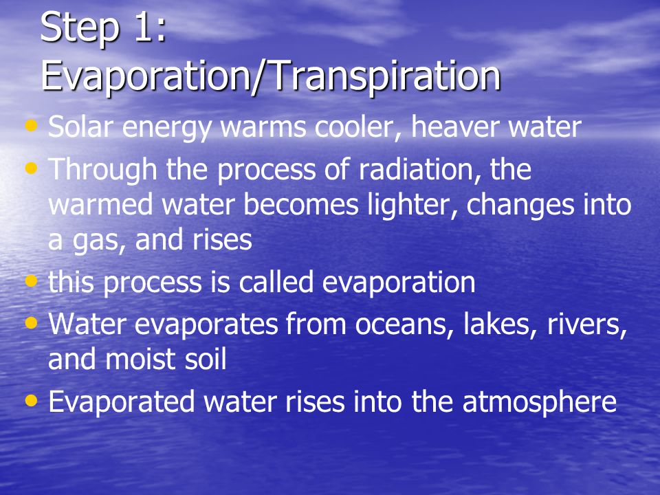 Step 1: Evaporation/Transpiration