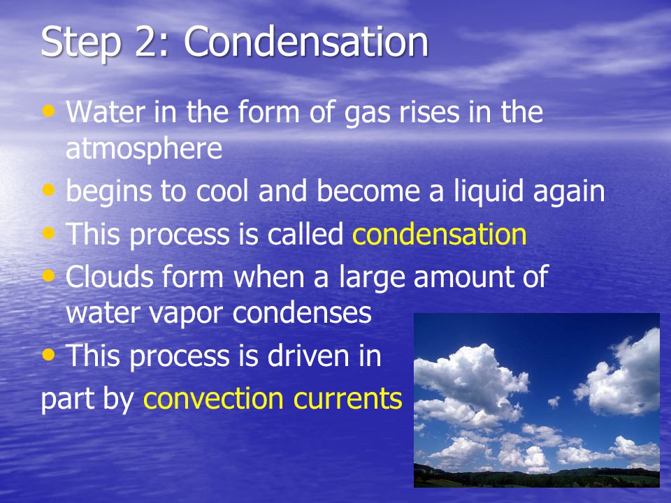 Step 2: Condensation Water in the form of gas rises in the atmosphere