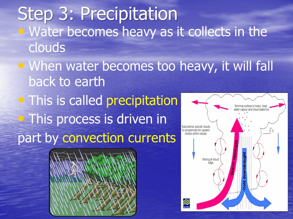 Step 3: Precipitation Water becomes heavy as it collects in the clouds