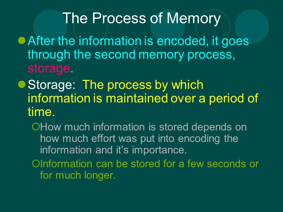 The Process of Memory After the information is encoded, it goes through the second memory process, storage.