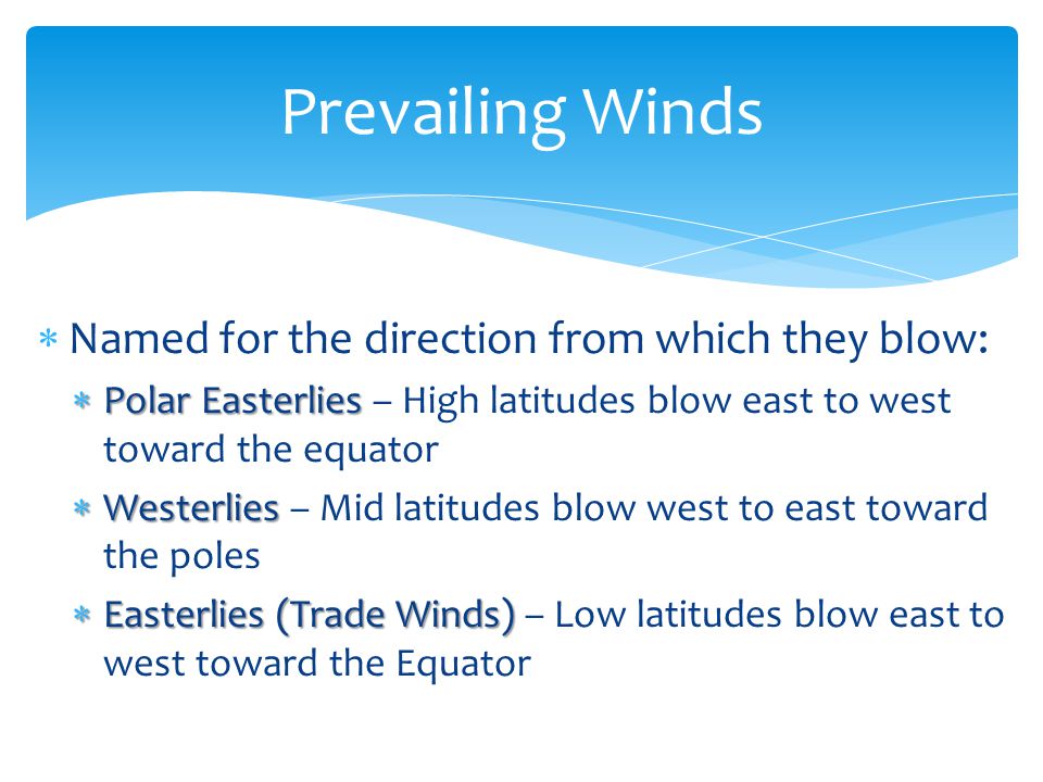 Prevailing Winds Named for the direction from which they blow: