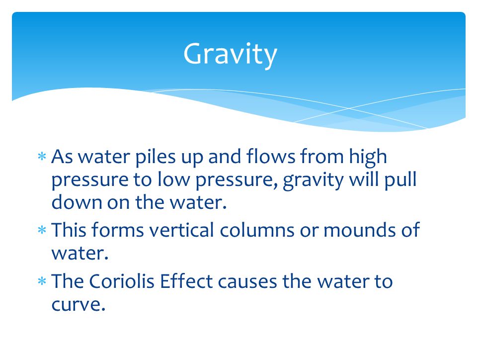 Gravity As water piles up and flows from high pressure to low pressure, gravity will pull down on the water.