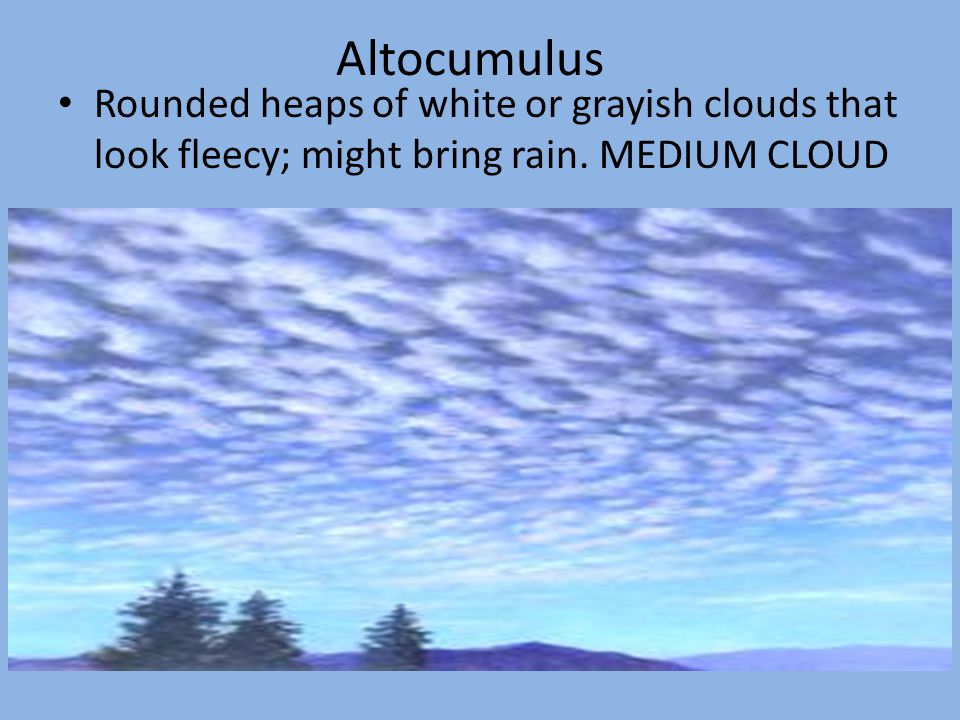 Altocumulus Rounded heaps of white or grayish clouds that look fleecy; might bring rain.