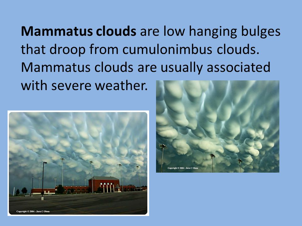 Mammatus clouds are low hanging bulges that droop from cumulonimbus clouds.