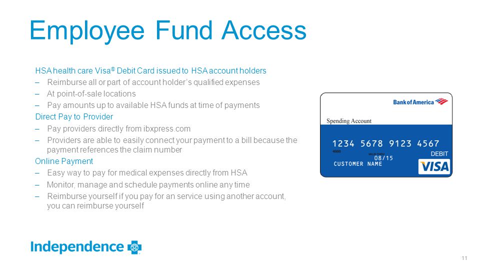 Employee Fund Access HSA health care Visa® Debit Card issued to HSA account holders. Reimburse all or part of account holder’s qualified expenses.
