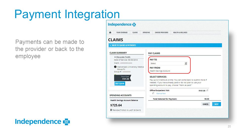 Payment Integration Payments can be made to the provider or back to the employee. Show Payment Integration.