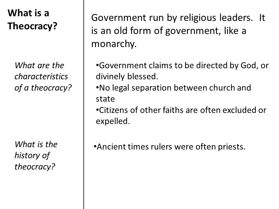 What is a Theocracy Government run by religious leaders. It is an old form of government, like a monarchy.