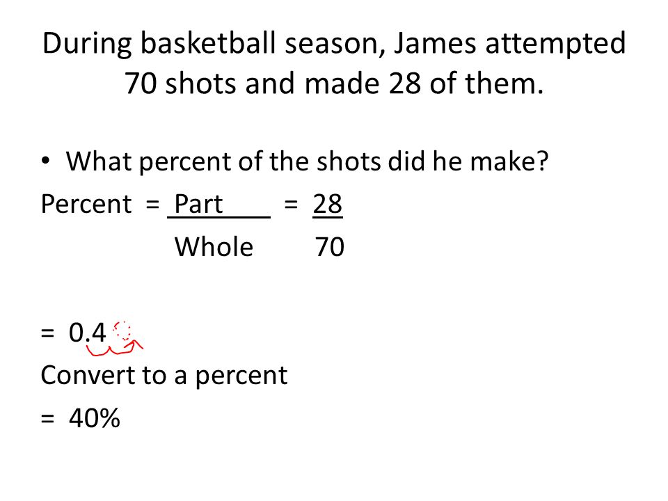 During basketball season, James attempted 70 shots and made 28 of them.