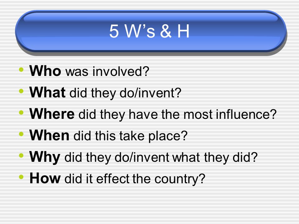 5 W’s & H Who was involved What did they do/invent