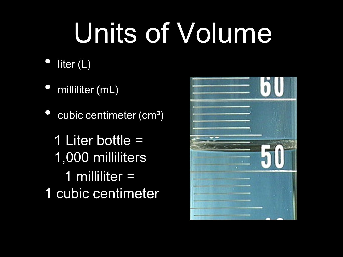 Units of Volume 1 Liter bottle = 1,000 milliliters 1 milliliter =