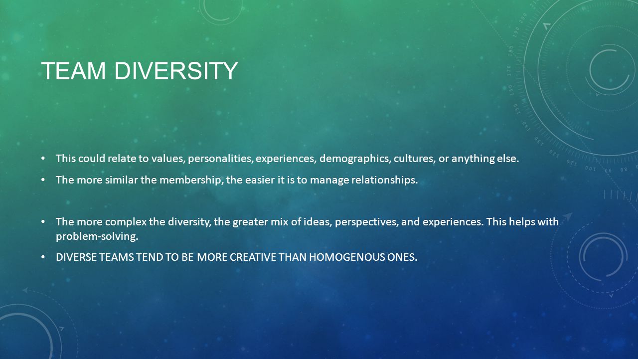 Team diversity This could relate to values, personalities, experiences, demographics, cultures, or anything else.