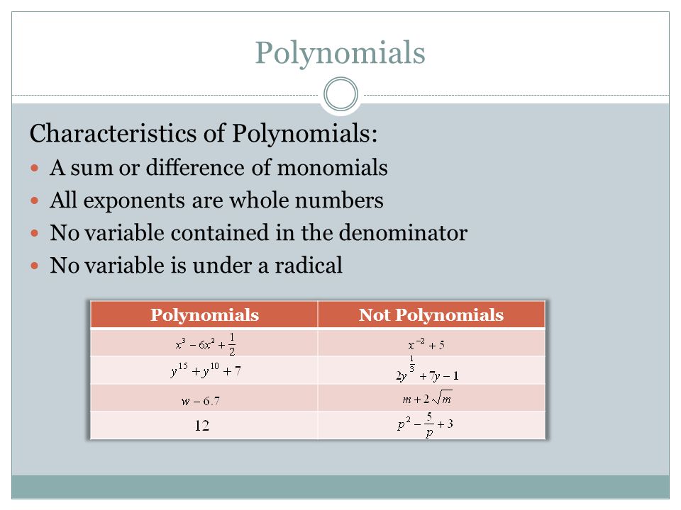 Polynomials Characteristics of Polynomials: