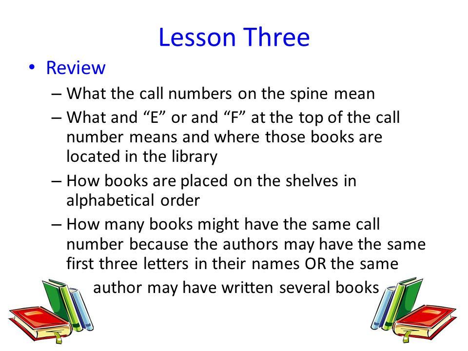 Lesson Three Review What the call numbers on the spine mean