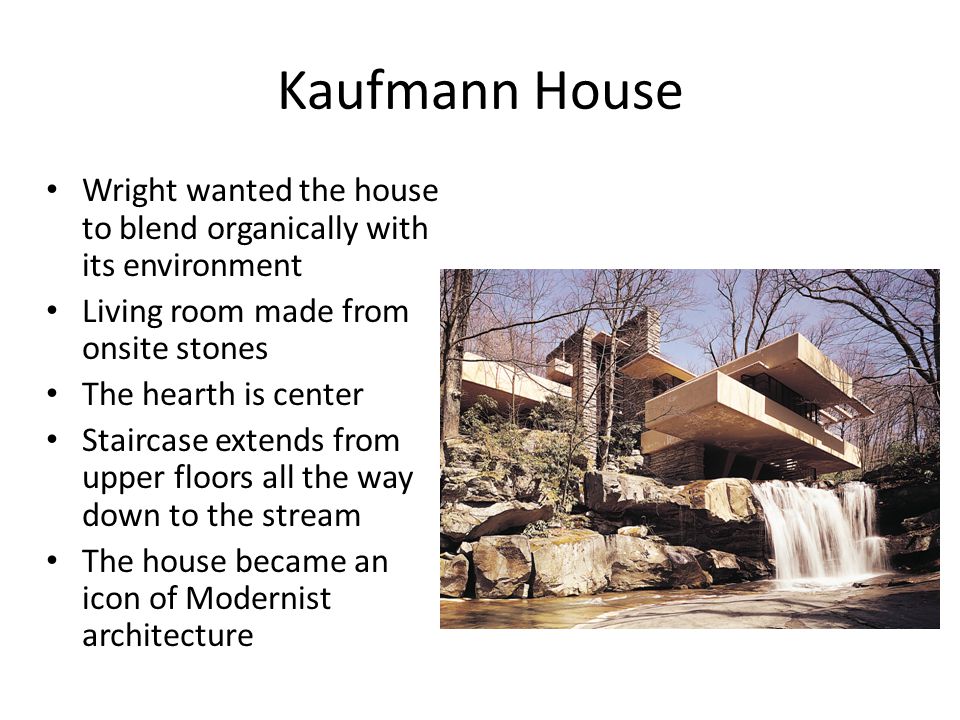 Kaufmann House Wright wanted the house to blend organically with its environment. Living room made from onsite stones.