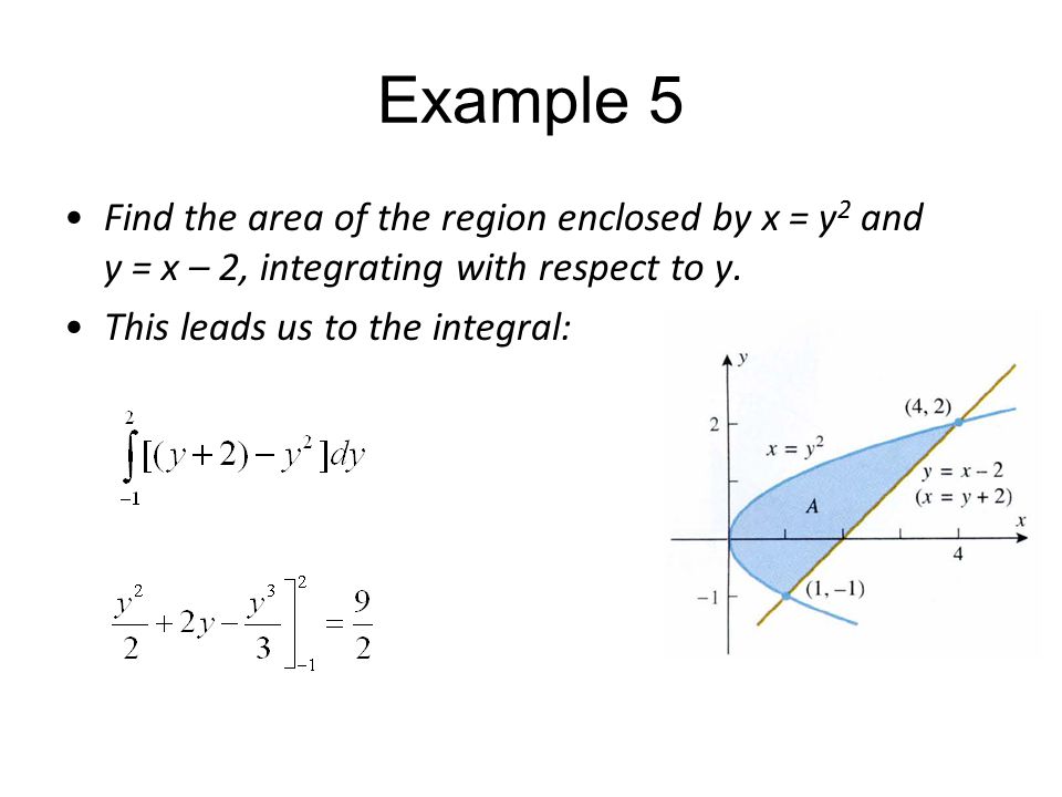 Example 5 Find the area of the region enclosed by x = y2 and y = x – 2, integrating with respect to y.