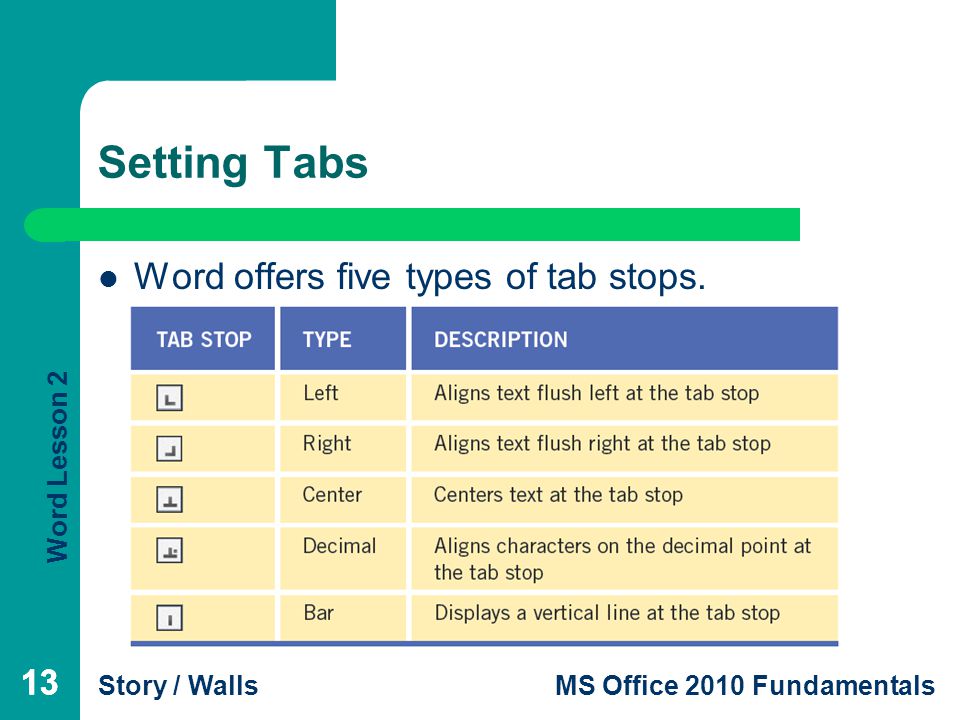 Setting Tabs Word offers five types of tab stops