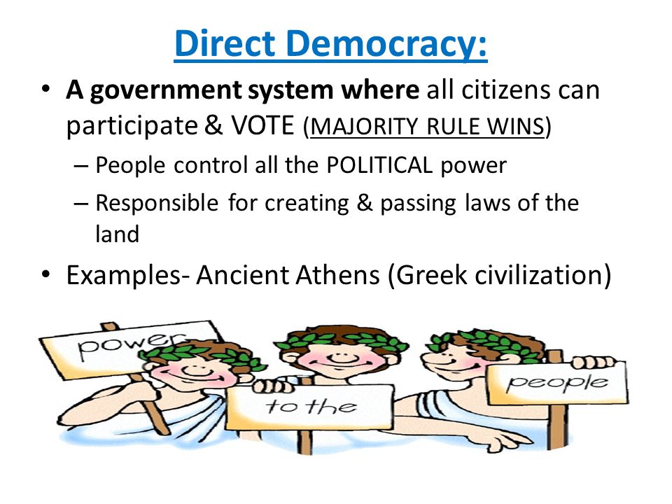 Direct Democracy: A government system where all citizens can participate & VOTE (MAJORITY RULE WINS)