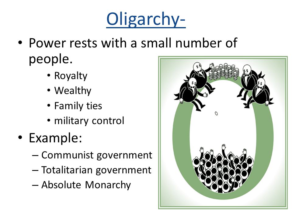 Oligarchy- Power rests with a small number of people. Example: Royalty