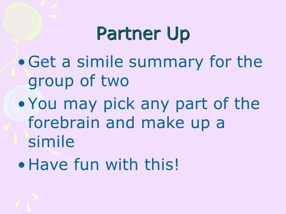 Partner Up Get a simile summary for the group of two