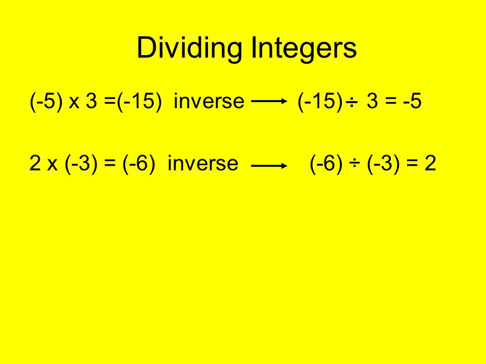 Dividing Integers ÷ (-5) x 3 =(-15) inverse (-15) 3 = -5