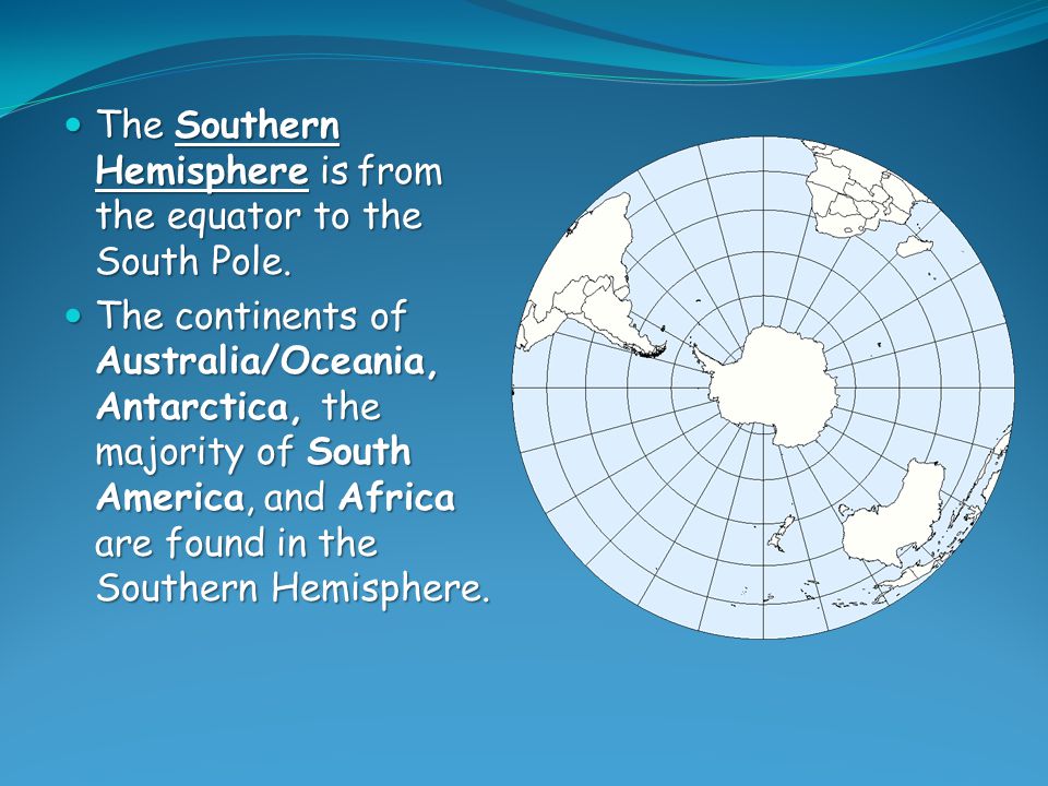 The Southern Hemisphere is from the equator to the South Pole.