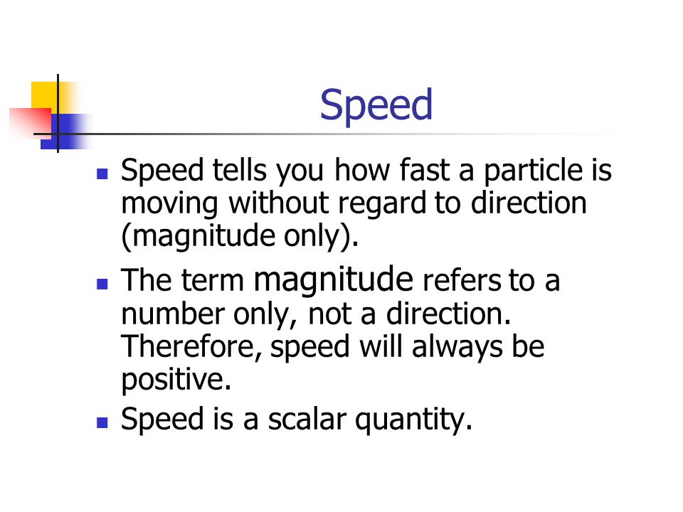 Speed Speed tells you how fast a particle is moving without regard to direction (magnitude only).