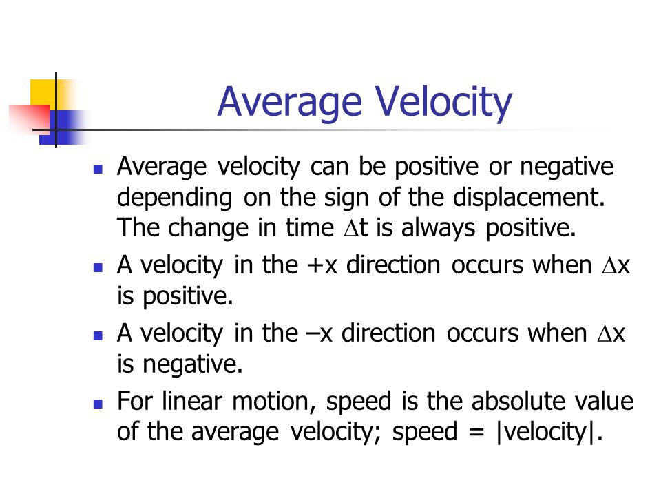 Average Velocity Average velocity can be positive or negative depending on the sign of the displacement. The change in time t is always positive.