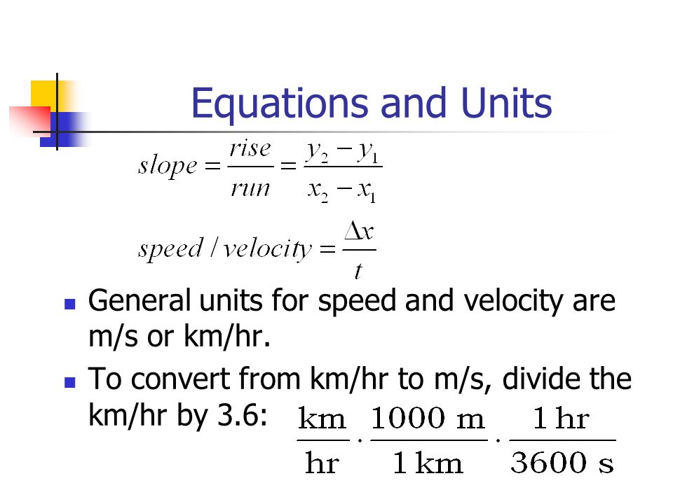 Equations and Units General units for speed and velocity are m/s or km/hr.