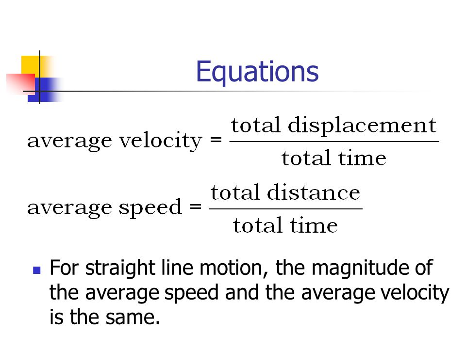 Equations For straight line motion, the magnitude of the average speed and the average velocity is the same.