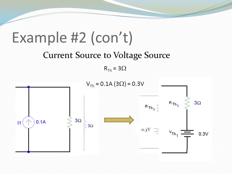Example #2 (con’t) Current Source to Voltage Source RTh = 3W
