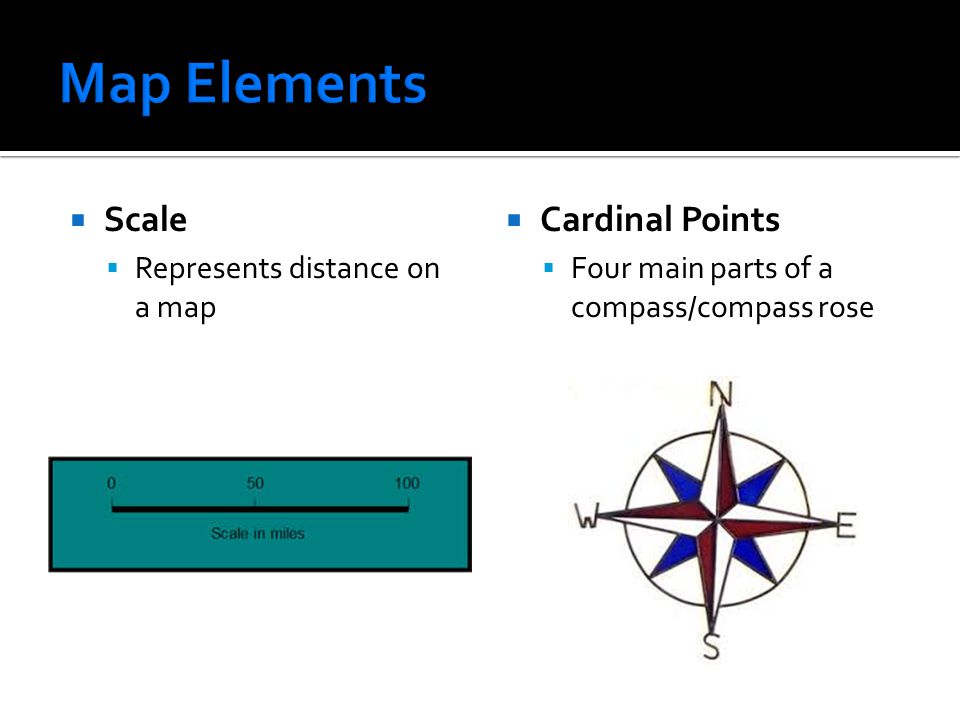 Map Elements Scale Cardinal Points Represents distance on a map
