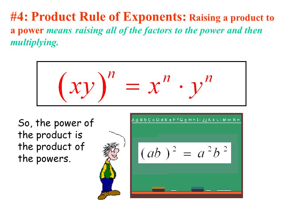 #4: Product Rule of Exponents: Raising a product to a power means raising all of the factors to the power and then multiplying.