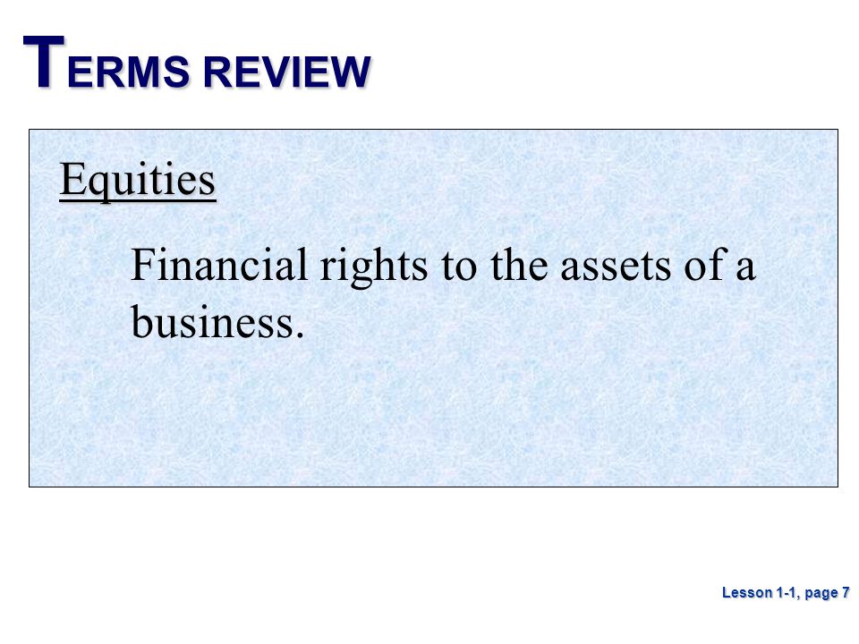 TERMS REVIEW Equities Financial rights to the assets of a business.