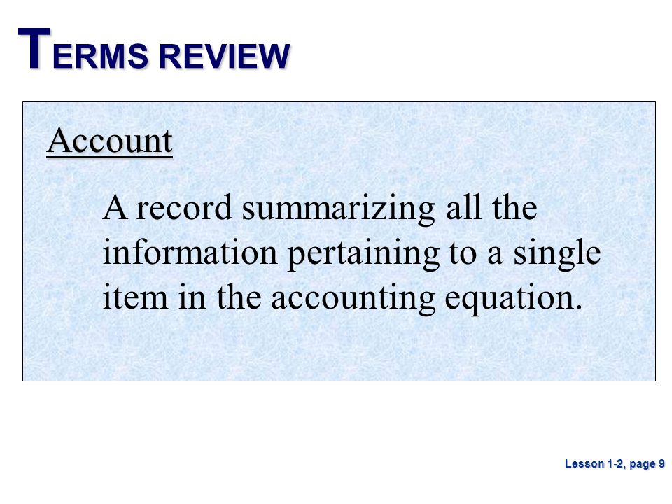 TERMS REVIEW Account. A record summarizing all the information pertaining to a single item in the accounting equation.